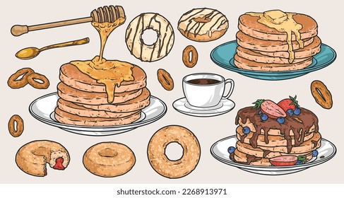 Morning desserts set stickers colorful with pancakes with honey and chocolate or donuts with strawberry jam near coffee vector illustration