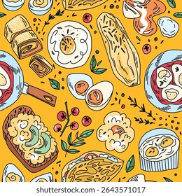 Morning doodle pattern, breakfast with different egg dishes greens and vegetables, yellow background