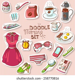 Morning doodle sticker set: coffee, cup, breakfast, toothbrush, toothpaste, french press, dress, shoes, smart phone, cell phone, underwear, tights