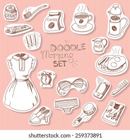 Morning doodle sticker set: coffee, cup, breakfast, toothbrush, toothpaste, french press, dress, shoes, smart phone, cell phone, underwear, tights