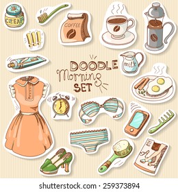 Morning doodle sticker set: coffee, cup, breakfast, toothbrush, toothpaste, french press, dress, shoes, smart phone, cell phone, underwear, tights