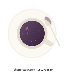 Morning drink - coffee or tee with magic inside. Space with stars and red planets inside of coffee cup. Hot drink inside mug top view. Fortune telling concept. Vector illustration.