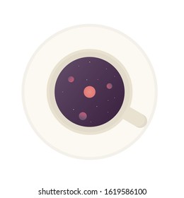 Morning drink - coffee or tee with magic inside. Space with star and planets inside of coffee cup. Hot drink inside mug top view. Fortune telling concept. Vector illustration.