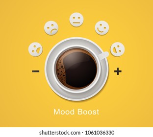 Concepto de bebida por la mañana. Diseño de ilustración de vectores con café o taza de chocolate caliente en escala de humor que indica el mejor humor feliz