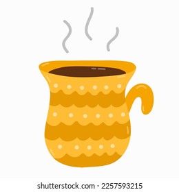 Morning drink in cute decorated ceramic mug. Hot coffee or English afternoon tea for breakfast with steam coming from vintage cup. Vector hand drawn clipart isolated on background. Cute illustration.