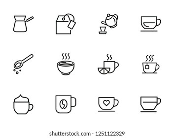 Morning drinks line icon set. Tea, pot, cup, espresso. Hot drink concept. Can be used for topics like coffee shop, menu, breakfast