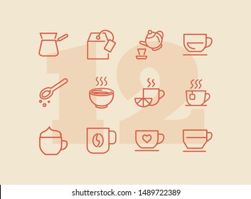 Morning drinks line icon set. Tea, pot, cup, espresso. Hot drink concept. Can be used for topics like coffee shop, menu, breakfast