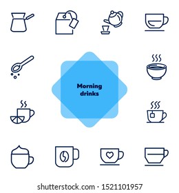 Morning drinks line icon set. Tea, pot, cup, espresso. Hot drink concept. Can be used for topics like coffee shop, menu, breakfast