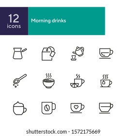 Morning drinks line icon set. Tea, pot, cup, espresso. Hot drink concept. Can be used for topics like coffee shop, menu, breakfast