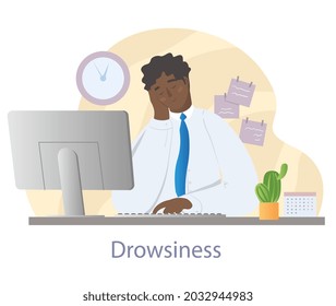 Morning drowsiness at work concept. Man sitting at his desk in front of computer and falls asleep. Tired employee in office. Cartoon modern flat vector illustration isolated on white background