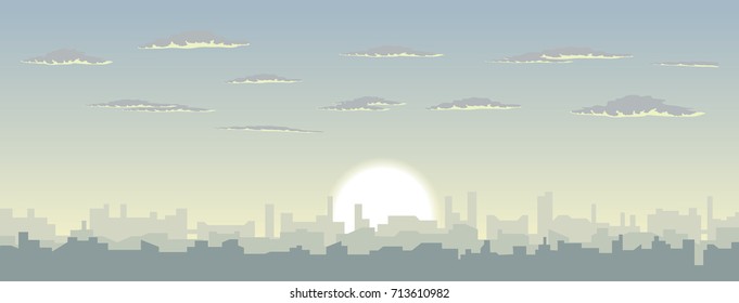 morning dusk and cityscape illustration. vector skyline and cloud over rising sun