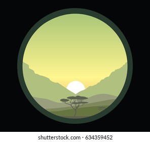 Morning dusk over savanna, hills  and trees, sunrise
vector nature illustration, landscape