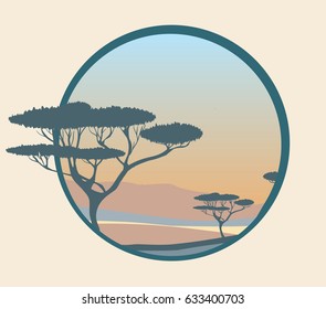 Morning dusk savanna landscape in circle frame
abstract vector illustration, hills and trees, color range