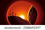 Morning Easter Sunday, open tomb and three cross - Christian background. Web banner concept for Holy Week service with Calvary on sunrise and empty cave. Vector illustration