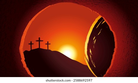 Morning Easter Sunday, open tomb and three cross - Christian background. Web banner concept for Holy Week service with Calvary on sunrise and empty cave. Vector illustration