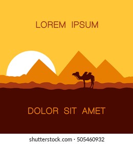 Morning in Egypt near pyramids. Camel in sunrise, vector background for text