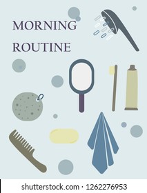 Morning and evening cleansing routine, set of bottles with cosmetics, vector illustration. Bath set