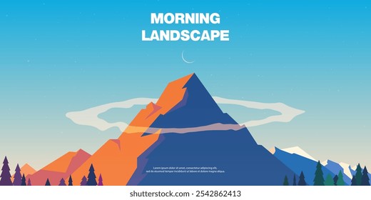 Morning and evening colors. Vector horizontal background. Mountain landscape. Nature, peaks of the mountain range. The sun's rays touch the rocks.