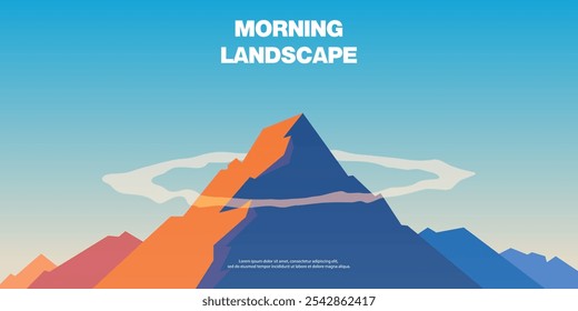 Morning and evening colors. Vector horizontal background. Mountain landscape. Nature, peaks of the mountain range. The sun's rays touch the rocks.