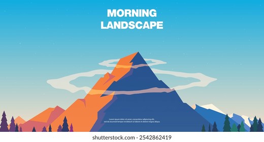 Morning and evening colors. Vector horizontal background. Mountain landscape. Nature, peaks of the mountain range. The sun's rays touch the rocks.