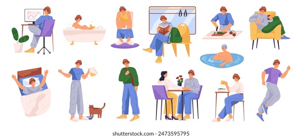 Morning and evening daily routine of man. Vector isolated set of guy doing chores, waking up and eating breakfast. Commuting to work and working, jogging and swimming in pool for relaxation