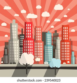 Morning - Evening Flat Design City Vector Illustration