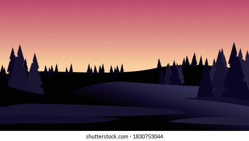 Morning or evening sky, hills with groves vector background