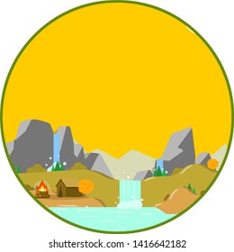 Morning and evening view. Cartoon flat illustration - nature autumn landscape. The wooden house with the fire, rock mountains on background and orange sky. 