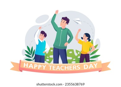 Morning exercise concept with people scene in the flat cartoon style. A physical education teacher accustoms young students to sports. Vector illustration.