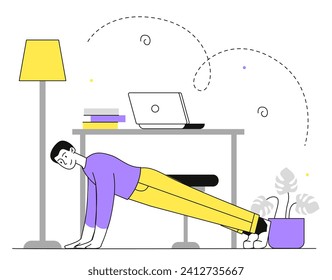 Morning exercise at home linear. Man doing pull up in room. Active lifestyle and sports. Young guy with workout and fitness indoor. Doodle flat vector illustration isolated on white background