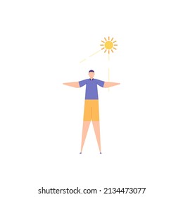 morning exercise. a man exercising in the sun or the morning sun. warm-up or stretching. people activity. gymnastics. flat cartoon illustration. concept design