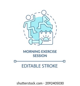 Morning exercise session turquoise concept icon. Active day starting abstract idea thin line illustration. Isolated outline drawing. Editable stroke. Roboto-Medium, Myriad Pro-Bold fonts used