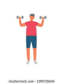 Morning exercise and sport, man with dumbbells vector. Weight lifting, fitness training, sporting equipment and healthy lifestyle, isolated male character