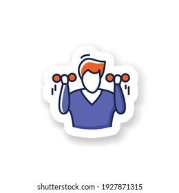 Morning exercise sticker . Man doing exercises, lifting dumb bells or bars badge for designs. Concept filled flat sign for healthy lifestyle, fitness and self development practices vector emblem