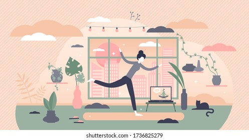 Morning exercise vector illustration. flat tiny person daily yoga concept. Everyday stretching and fitness to be healthy and slim weight. Lifestyle with sport process and routine workout activities.