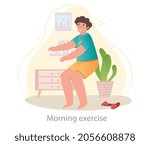 Morning exercises concept. Boy does sports after waking up. Cheerfulness and energy. Training at home. Daily routine for schoolboy. Cartoon flat vector illustration isolated on white background