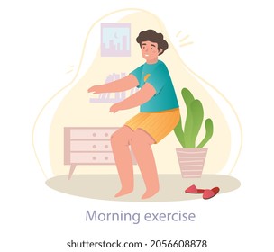 Concepto de ejercicios matutinos. El chico hace deportes después de despertarse. Alegría y energía. Entrenamiento en casa. Rutina diaria para escolares. Dibujo vectorial plano de dibujos animados aislado en fondo blanco