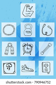 morning exercises, exercises with different equipment,healthy lifestyle
,set of hand-drawn icons,vector image