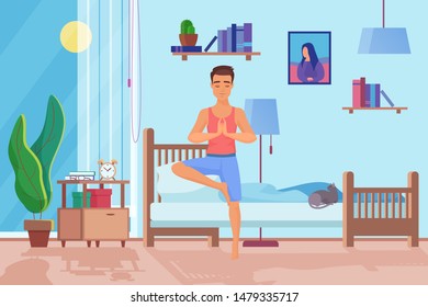 Morning exercises flat vector illustration. Healthy lifestyle, man doing sport, training, workout at home. Smiling male cartoon character activity, cat sleeping on bed. Guys room interior design