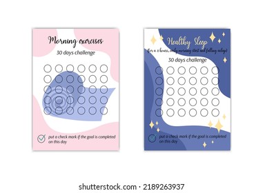 Morning exercises and Sleep habits tracker templates set. Personal 30 days challenge. Healthy lifestyle habit tracker blanks. Vector illustration of paper worksheet for marking success in month.