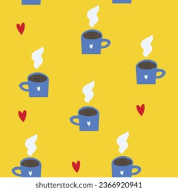 Morning flat hand drawn seamless pattern. Coffee, tea, heart. Morning lover routine texture. Modern design for clothes, fabric, paper, cover, interior decor. Vector texture.