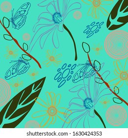 Morning flowers green leaves, yellow petals for mood on a blue background