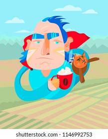Morning. Flying man in the prime of life with coffee and cat. Flat style vector illustration.