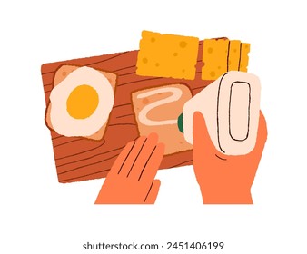 Morning food, breakfast preparation, top view. Hand preparing, cooking sandwich, toast, bread slice with egg and cheese on wooden board. Flat graphic vector illustration isolated on white background