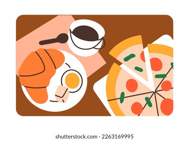 Morning food, dishes. Coffee cup, croissant with jam, Italian pizza. Breakfast, lunch eating, meal with espresso drink, French bakery, Italy snack served on table. Flat vector illustration