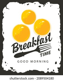 Morning food and drink menu for cafe or restaurant with three delicious hot scrambled eggs and a fork on a black background. Vector banner or flyer in flat style on the theme of Breakfast time
