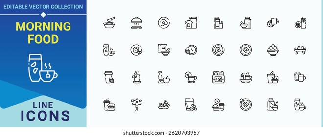 Morning Food linear icon set. Contain linear symbols food, croissant, meal, drink and more. Breakfast modern icon set. Modern icons collection. Vector illustration in modern line style.