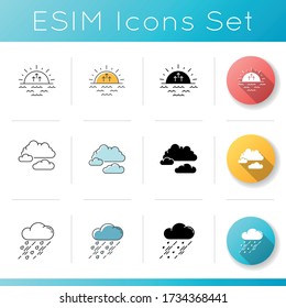 Morning forecast icons set. Linear, black and RGB color styles. Meteorology, atmosphere condition prediction. Sunrise, cloudy weather and cloudy weather. Isolated vector illustrations