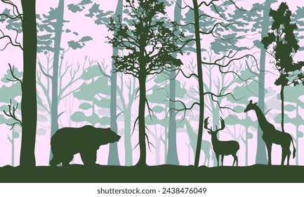 Morning forest silhouette with deer. Natural landscape vector background with forest wildlife view. Pine trees in fog, deer, elk or reindeer with antlers, forest plants