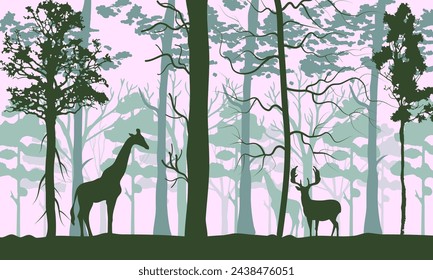 Morning forest silhouette with deer. Natural landscape vector background with forest wildlife view. Pine trees in fog, deer, elk or reindeer with antlers, forest plants